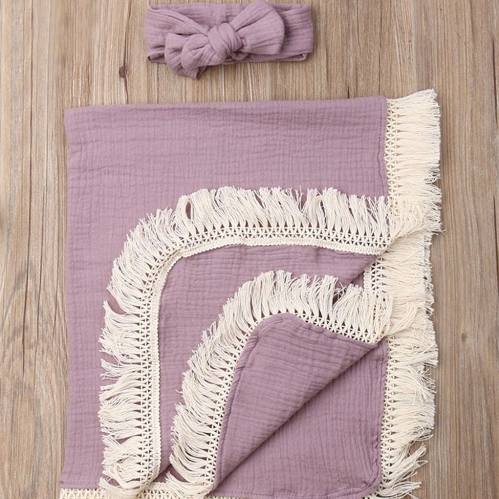 Lilac Muslin Cotton Soft Swaddle Blanket & Headband 2pcs Baby Set